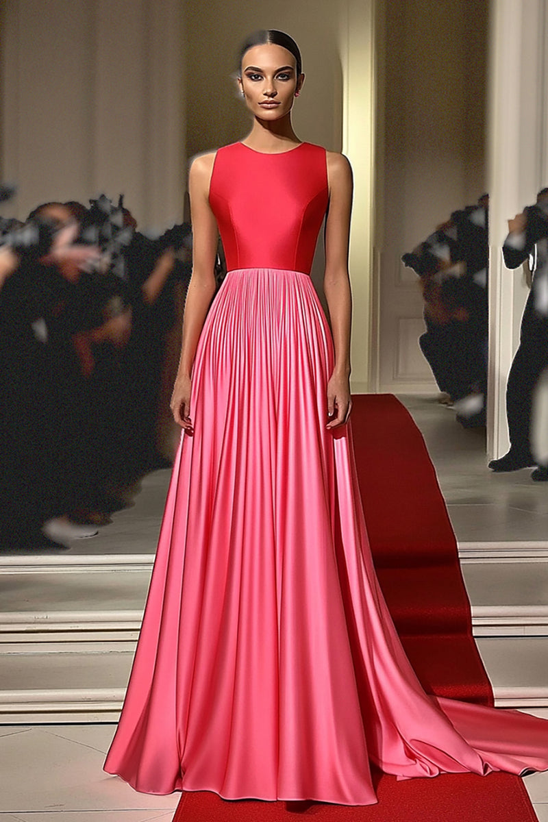 Load image into Gallery viewer, Red Pink Jewel Neck Satin A Line Pleated Red Carpet Dress