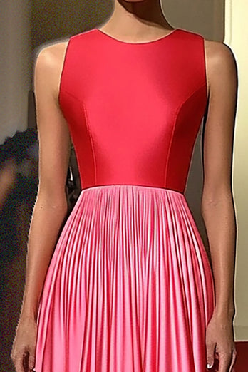 Red Pink Jewel Neck Satin A Line Pleated Red Carpet Dress