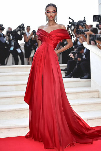 Red Off the Shoulder A Line Floor Length Red Carpet Dress