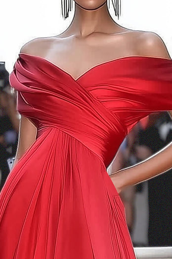 Red Off the Shoulder A Line Floor Length Red Carpet Dress