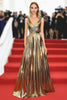 Load image into Gallery viewer, Metallic Satin Gold V Neck Pleated A Line Red Carpet Dress