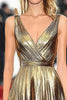 Load image into Gallery viewer, Metallic Satin Gold V Neck Pleated A Line Red Carpet Dress