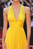 Load image into Gallery viewer, Yellow A Line Chiffon V-Neck Floor Length Formal Dress