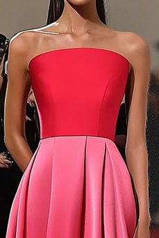 Red Pink Strapless Satin A Line Long Formal Dress