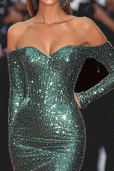 Dark Green Sparkly Corset Off the Shoulder Formal Dress with Slit