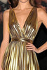 Load image into Gallery viewer, Metallic Gold Deep V-Neck A Line Floor Length Formal Dress