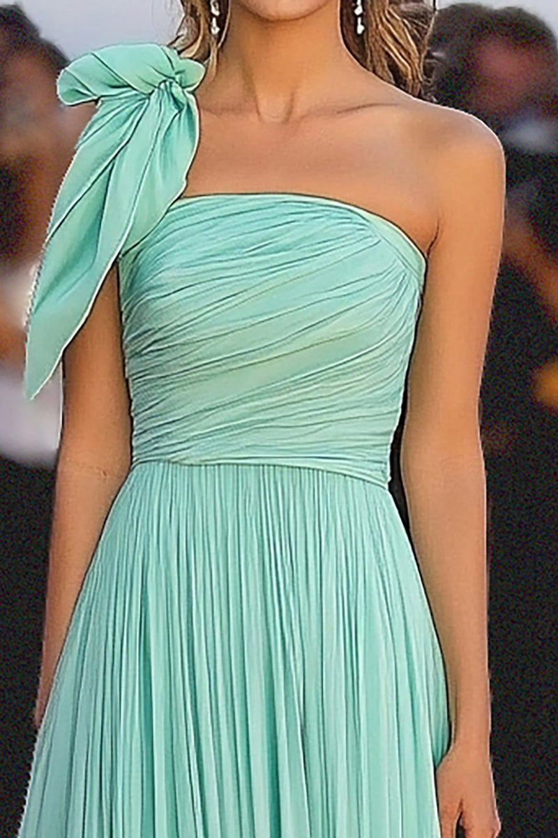 Load image into Gallery viewer, One Shoulder Mint A Line Ruched Long Formal Dress