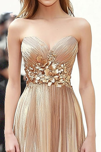 Champagne Metallic Strapless A Line Formal Dress with 3D Flower