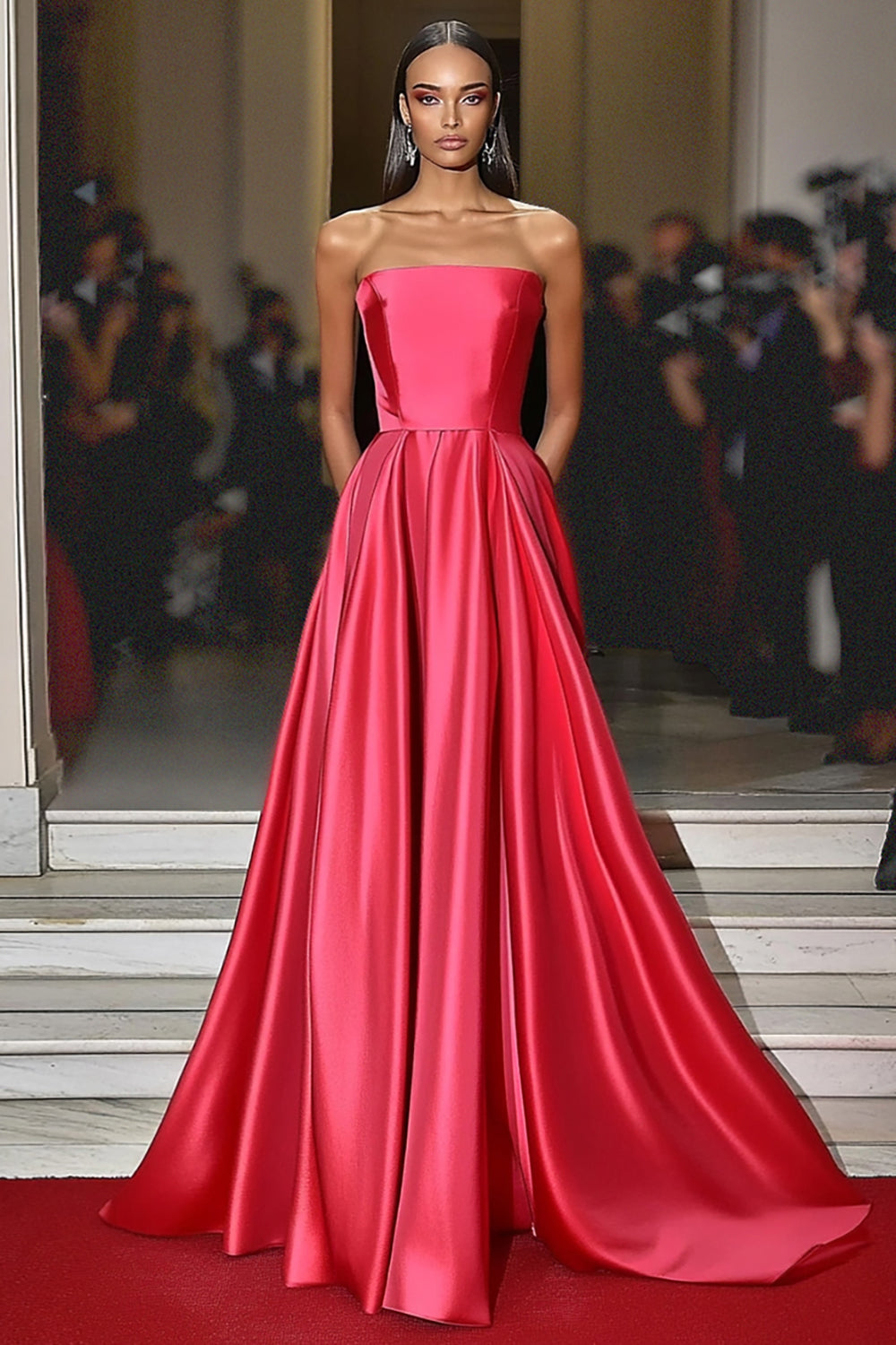 Watermelon A Line Strapless Satin Long Formal Dress