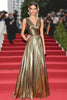 Load image into Gallery viewer, Gold V-Neck Metallic Pleated A Line Long Formal Dress