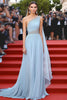 Load image into Gallery viewer, Sky Blue One Shoulder A Line Chiffon Formal Dress with Beading