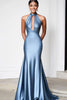 Load image into Gallery viewer, Halter Grey Blue Satin Sheath Floor Length Gala Dress