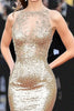 Load image into Gallery viewer, Sparkly Gold Mermaid Sweep Train Gala Dress with Appliques