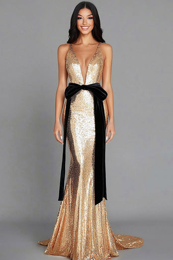 Sparkly Gold Deep V-Neck Sequins Long Gala Dress with Bow