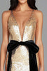 Load image into Gallery viewer, Sparkly Gold Deep V-Neck Sequins Long Gala Dress with Bow