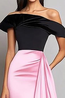 Black Pink Satin A Line Gala Dress with Side Cape