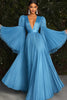 Load image into Gallery viewer, Blue A Line Pleated Floor Length Gala Dress with Long Sleeves