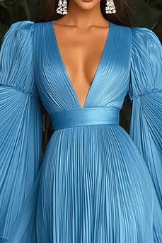 Blue A Line Pleated Floor Length Gala Dress with Long Sleeves