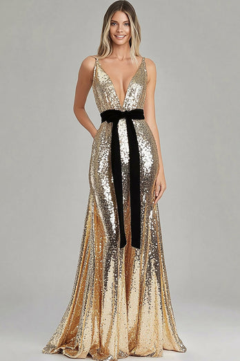 Gold Sparkly V-Neck Sheath Gala Dress with Bowknot Belt