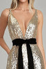 Load image into Gallery viewer, Gold Sparkly V-Neck Sheath Gala Dress with Bowknot Belt