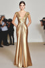 Load image into Gallery viewer, Sparkly Gold Deep V-Neck Ruched Floor Length Gala Dress