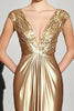 Load image into Gallery viewer, Sparkly Gold Deep V-Neck Ruched Floor Length Gala Dress