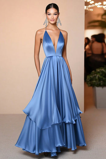 A Line Blue Satin Ruffled V-Neck Floor Length Gala Dress