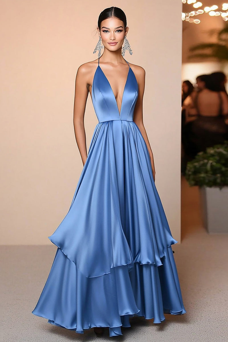 Load image into Gallery viewer, A Line Blue Satin Ruffled V-Neck Floor Length Gala Dress