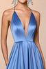 Load image into Gallery viewer, A Line Blue Satin Ruffled V-Neck Floor Length Gala Dress