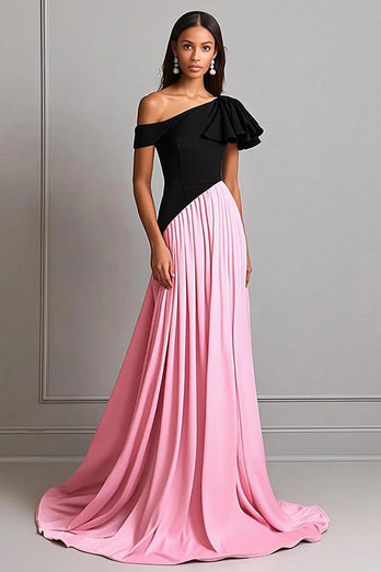 Black Pink A Line Pleated One Shoulder Long Gala Dress