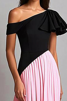 Black Pink A Line Pleated One Shoulder Long Gala Dress