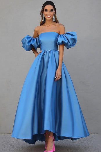 Blue A Line Satin Puff Sleeves Long Gala Dress