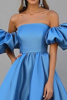 Blue A Line Satin Puff Sleeves Long Gala Dress