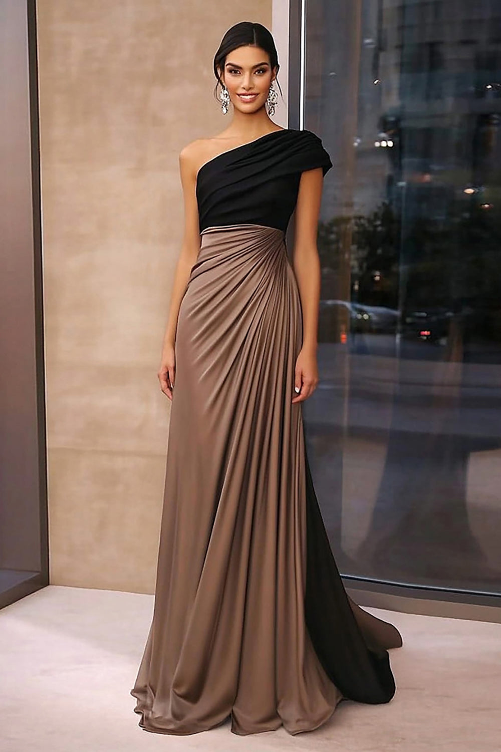 Black Brown Sheath One Shoulder Floor Length Gala Dress