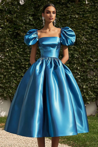 Ball Gown Blue Satin Square Neck Tea Length Gala Dress