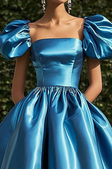 Ball Gown Blue Satin Square Neck Tea Length Gala Dress