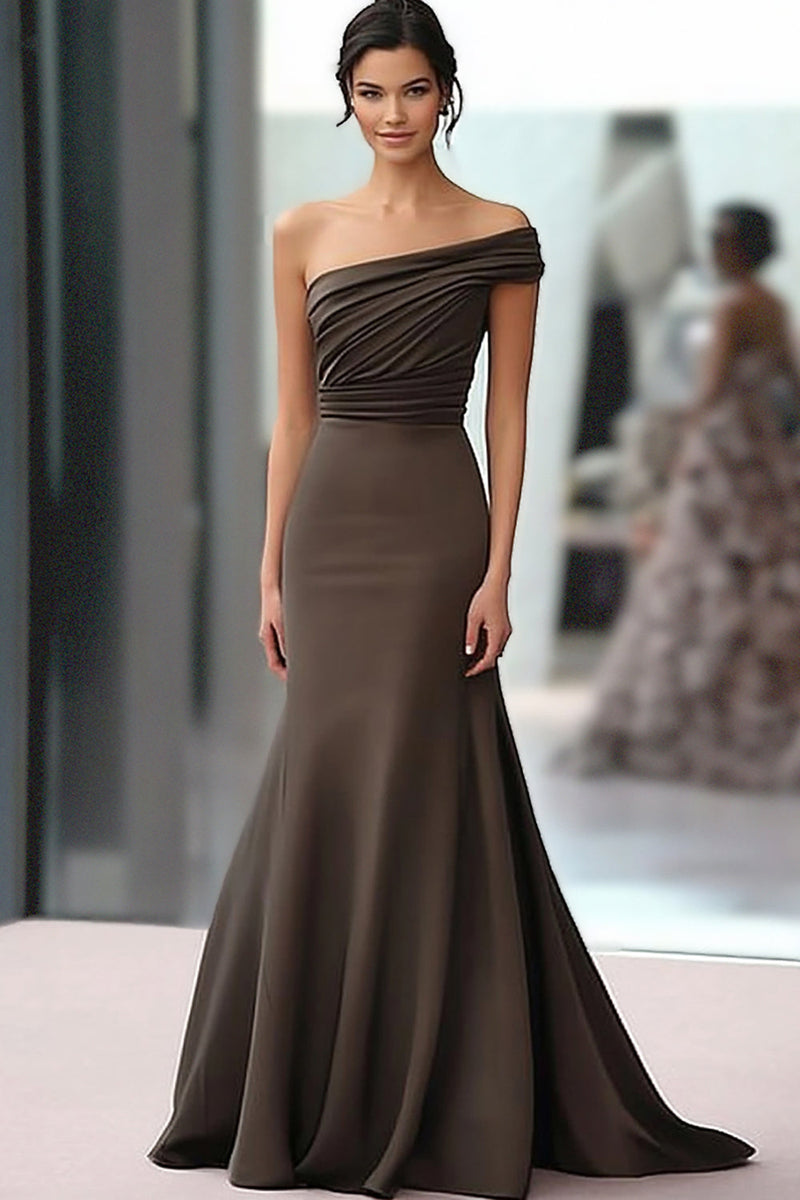 Load image into Gallery viewer, Coffee One Shoulder Ruched Long Gala Dress