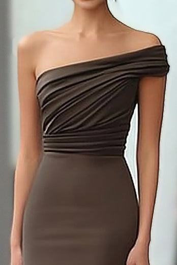 Coffee One Shoulder Ruched Long Gala Dress