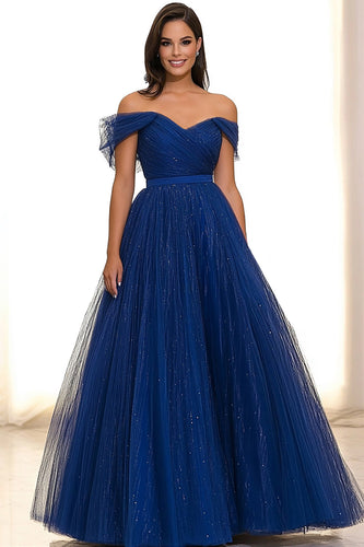 Ball Gown Sparkly Royal Blue Tulle Long Gala Dress