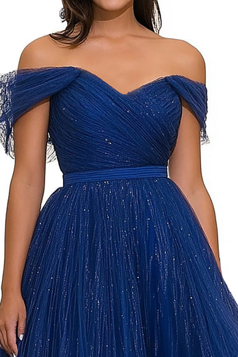 Ball Gown Sparkly Royal Blue Tulle Long Gala Dress