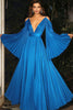 Load image into Gallery viewer, Blue Deep V Neck Chiffon A Line Gala Dress with Flutter Sleeves