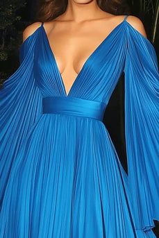 Blue Deep V Neck Chiffon A Line Gala Dress with Flutter Sleeves