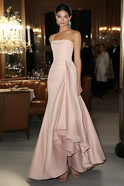 Elegant Pink Strapless Mermaid Ruffled Long Satin Gala Dress