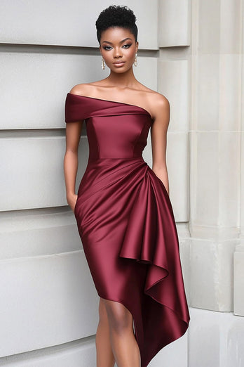 Bodycon Burgundy One Shoulder Satin Short Gala Dress