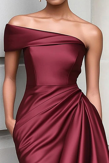 Bodycon Burgundy One Shoulder Satin Short Gala Dress