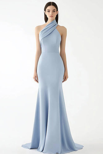 Light Blue Halter Sheath Crepe Floor Length Gala Dress