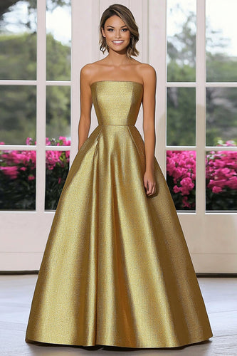 Metallic Gold Satin Strapless Ball Gown Long Gala Dress