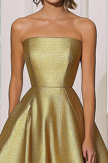 Metallic Gold Satin Strapless Ball Gown Long Gala Dress