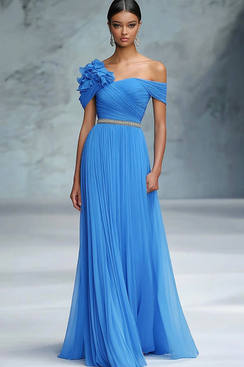 Blue Off the Shoulder A Line Chiffon Ruffled Long Gala Dress