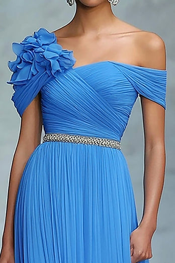 Blue Off the Shoulder A Line Chiffon Ruffled Long Gala Dress